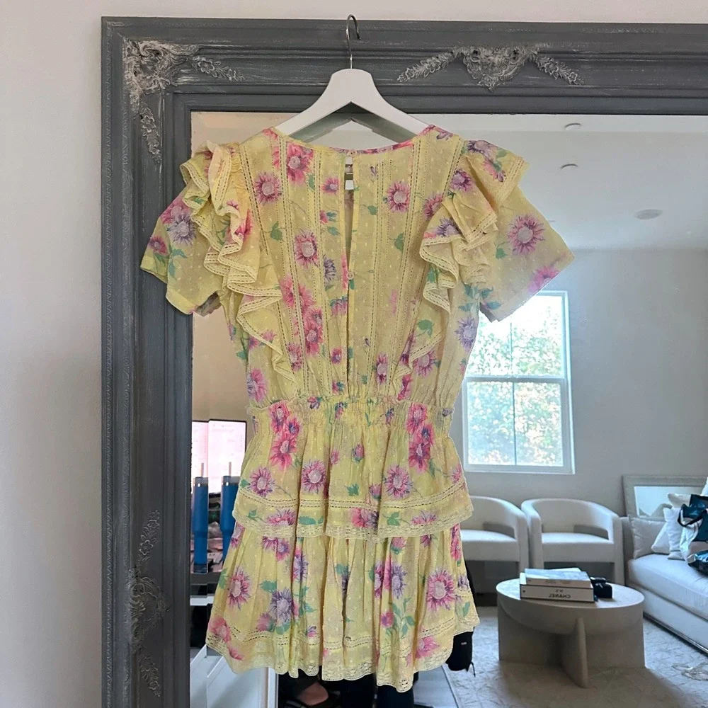 LoveShackFancy Natasha Floral Ruffle Mini Dress Smocked Waist Lace Trim S